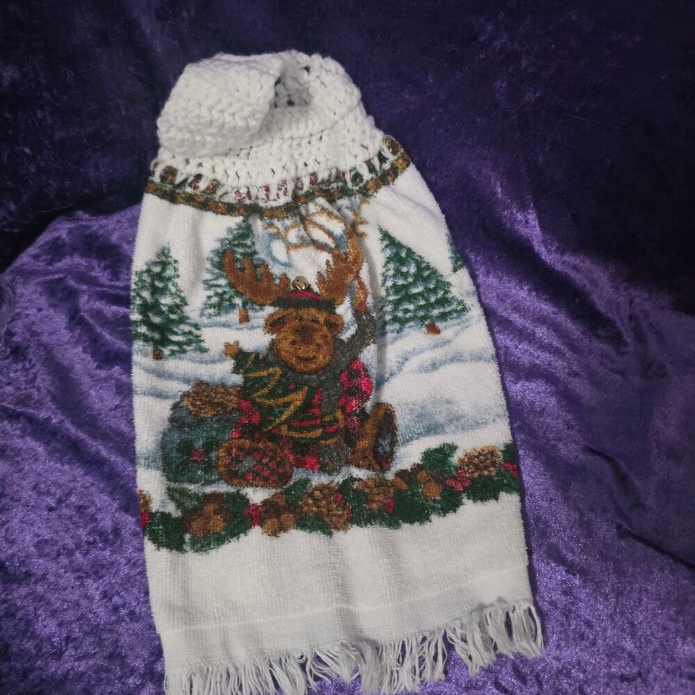 Vintage Reindeer with bell Crocheted Hanging Hand Towel. 2pc
